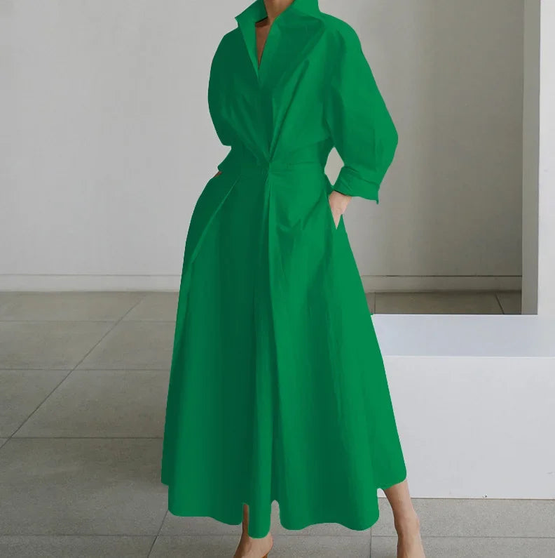 New Spring V Neck Draped Solid High Waist Pocket Pleated Long Dress