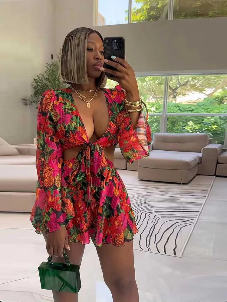 Lace-up Flare Sleeves Nightclub Wear with Flower Print Two Piece Sets Skirt and Crop Top