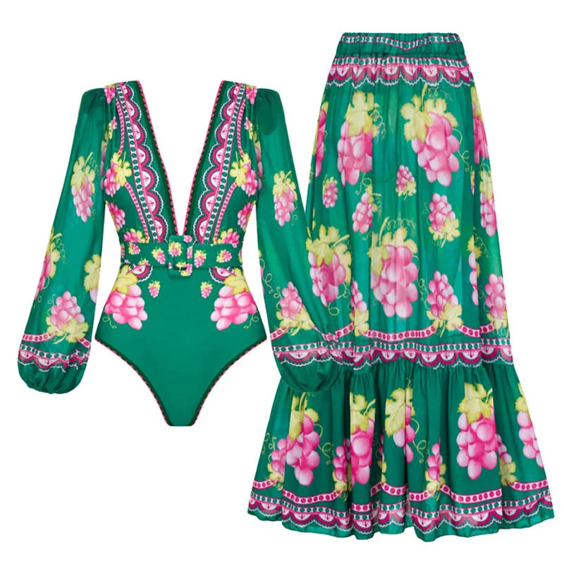 Sexy One Piece Long Sleeve Swimwear And Skirt