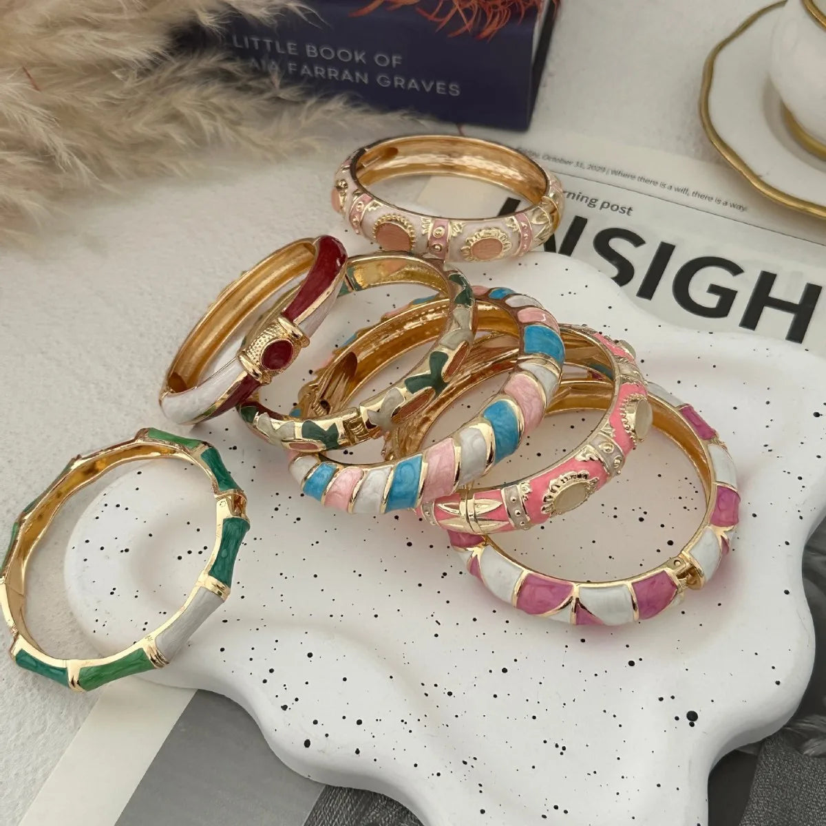Colorful Enamel Resin Bamboo Bangle Geometry Bracelet