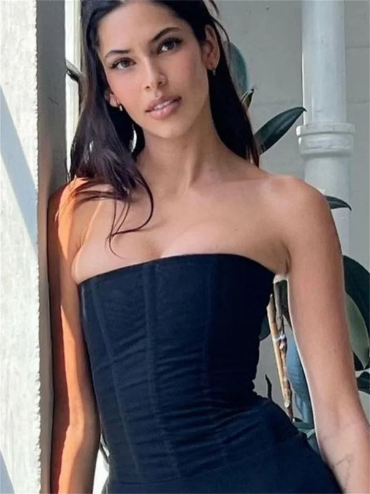 Mesh Backless Summer Patchwork Strapless Solid Slim Sexy  Tank Top