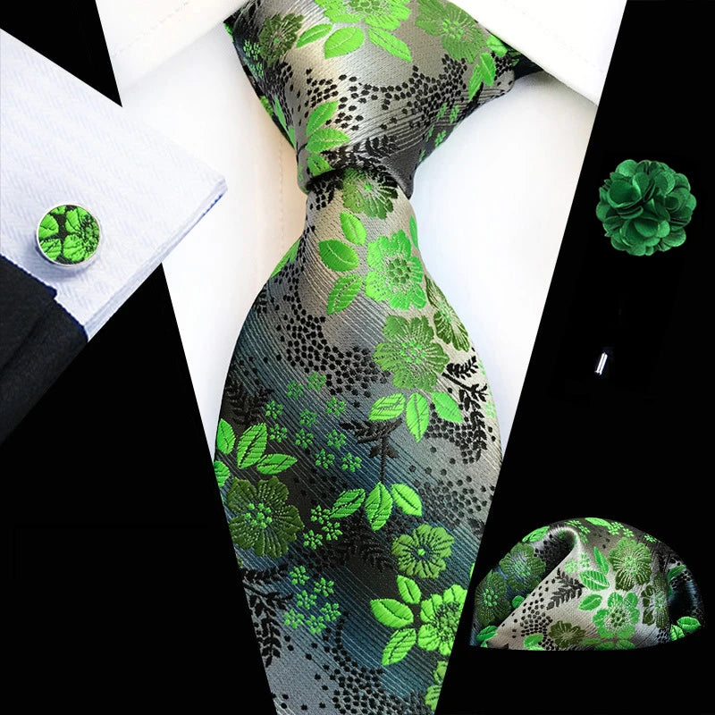Floral  Neck Tie Set Handkerchief Brooch Cufflinks Men Accessories