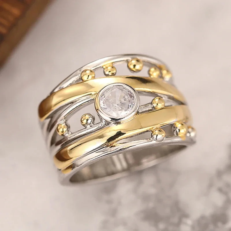 Noble Two-tone Rings with Brilliant Cubic Zirconia