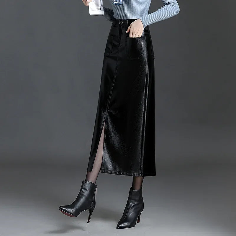 Autumn Winter High Waisted Slim Fit Bodycon PU Leather Skirt