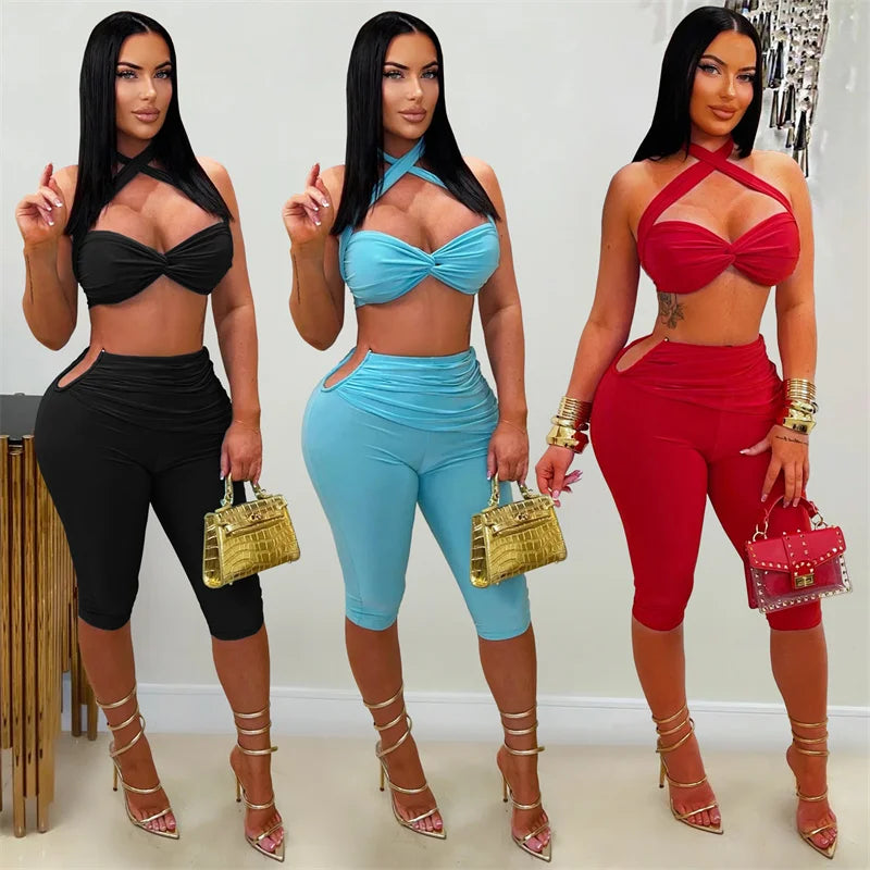 Sexy Rave Club Party Halter Draped Bra Top and Knee Length Pants Matching Sets