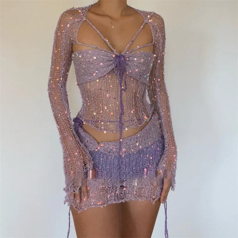 Glitter Sequins Knitted Skirt Sets Women 3 Piece Outfit