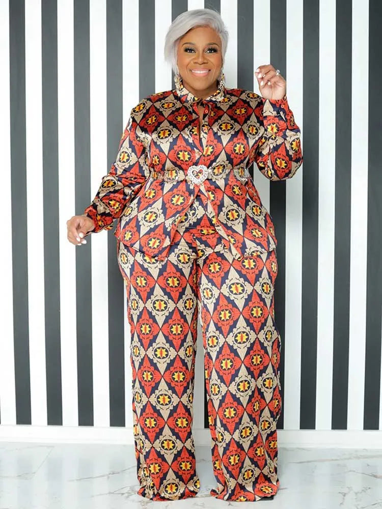 Plus Size Autumn Shirt Blouse and Straight Trouser Print