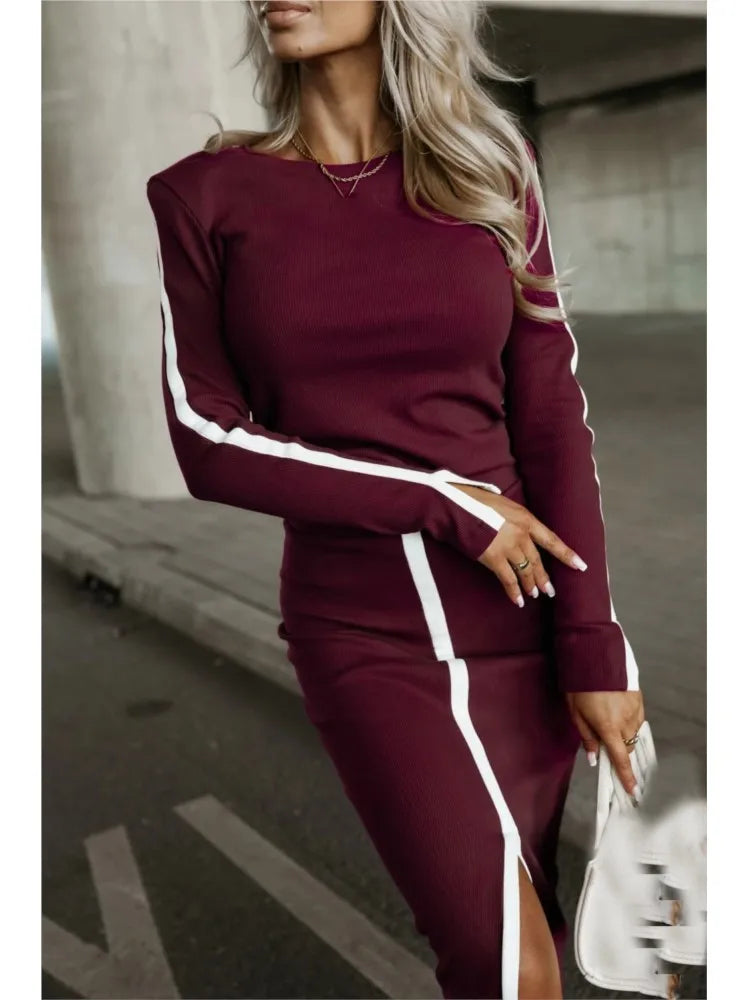 2025 Spring Autumn  Elegant Sexy High Slit Skirts Long Sleeve Matching Sets