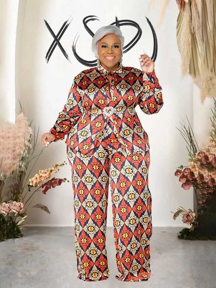 Plus Size Autumn Shirt Blouse and Straight Trouser Print