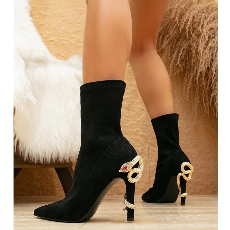 Autumn Winter Faux Suede Crystal Rhinestones Black Ankle Boots