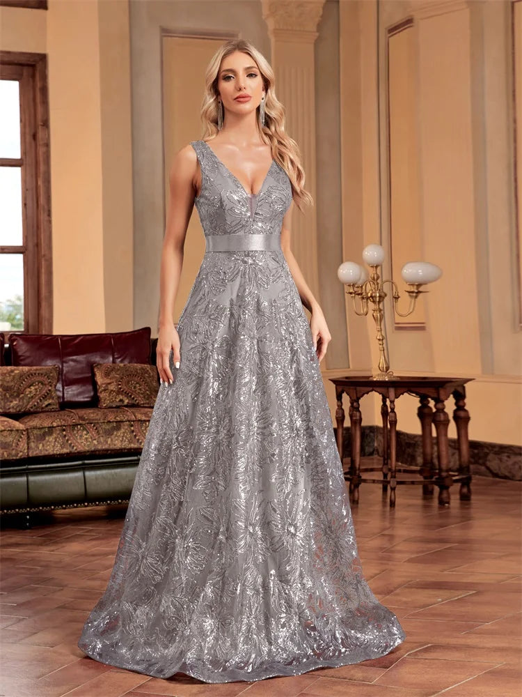 Luxury Sexy Deep V-Neck Sequins B Elegant V-back Wedding Party Long Prom Cocktail Dress