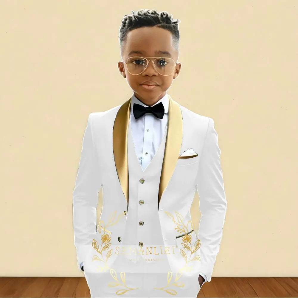 3‑Piece Boys Wedding Suit with Gold Shawl Lapel (2–16 Years)