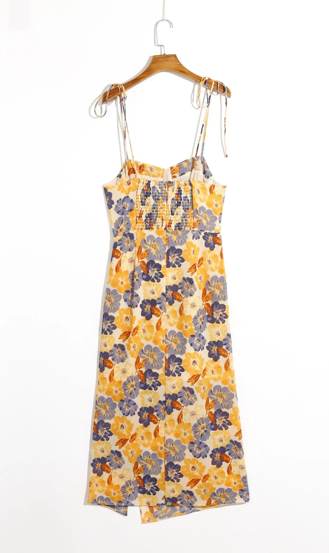 Retro French Style Orange Floral Print Bandage Spaghetti Strap Midi Dress