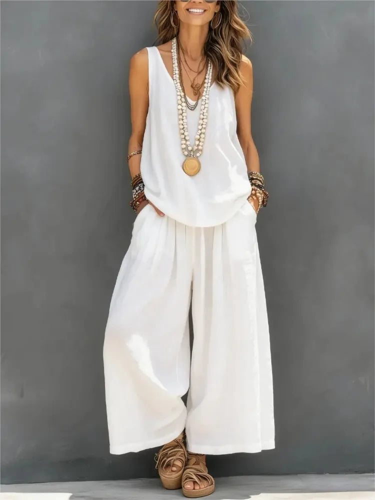 Casual Cotton Linen Vest Trousers 2-piece Summer New Fashion Loose Retro Simple Women's Vacation Wide-leg Trousers Set 2026