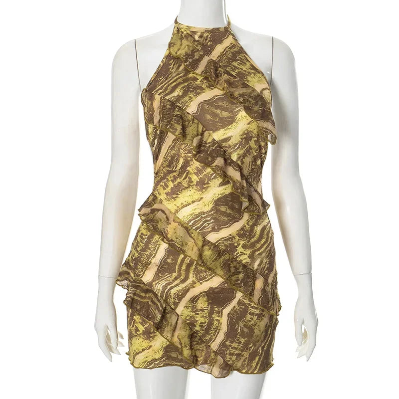 Halter Printed Ruffles Above Knee Length Dresses