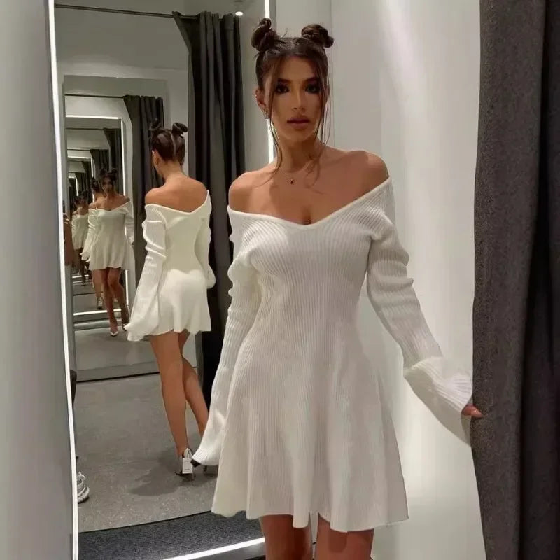 Knitted Off Shoulder V Neck Mini Dress