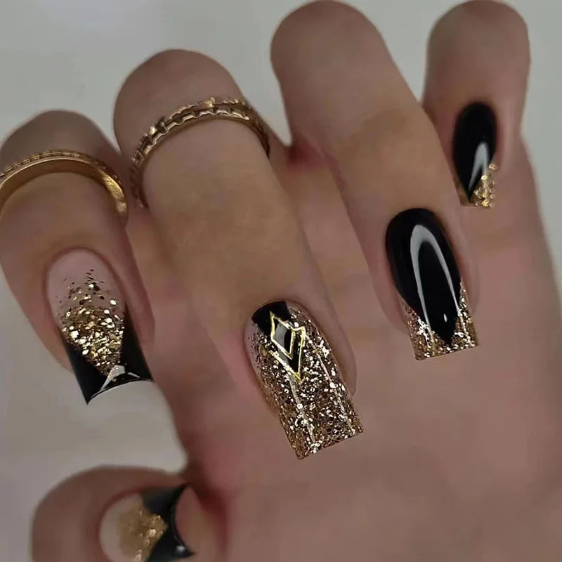 24Pcs Mid-length Square Press-On Nails with Golden Butterfly Design