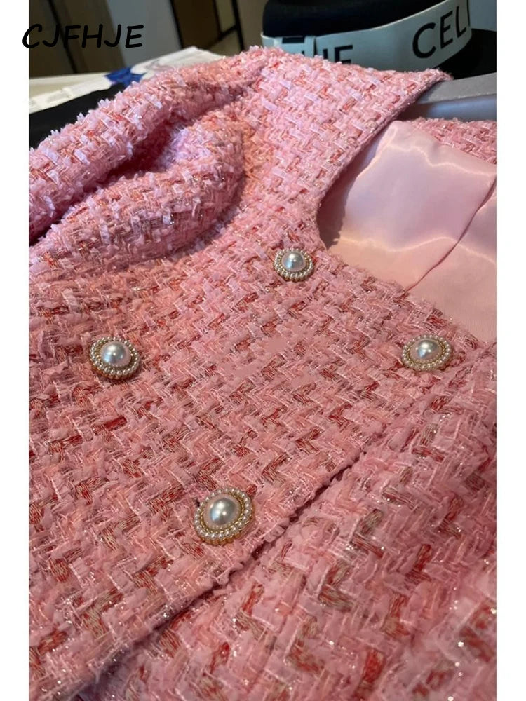 CJFHJE Autumn High Quality Ladies Jacket French Fashion Pink Square Neck Pearl Button Bright Silk Tweed Fragrant Coat Women's