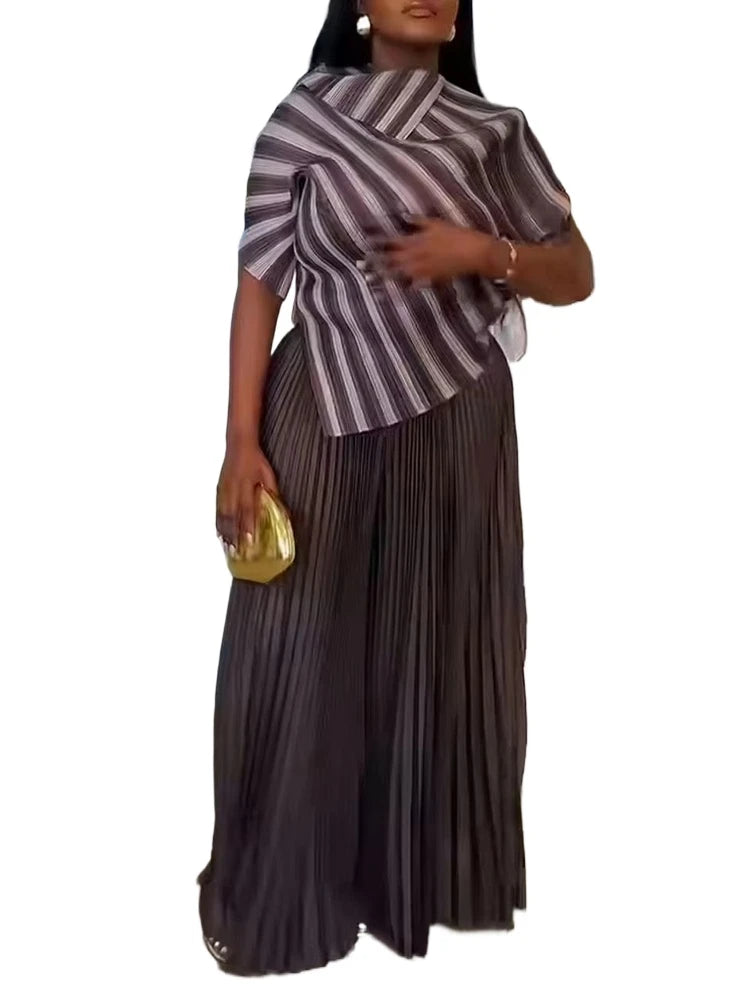 Striped Pleated Contrast Color Irregular Belt Tops + Long Pants