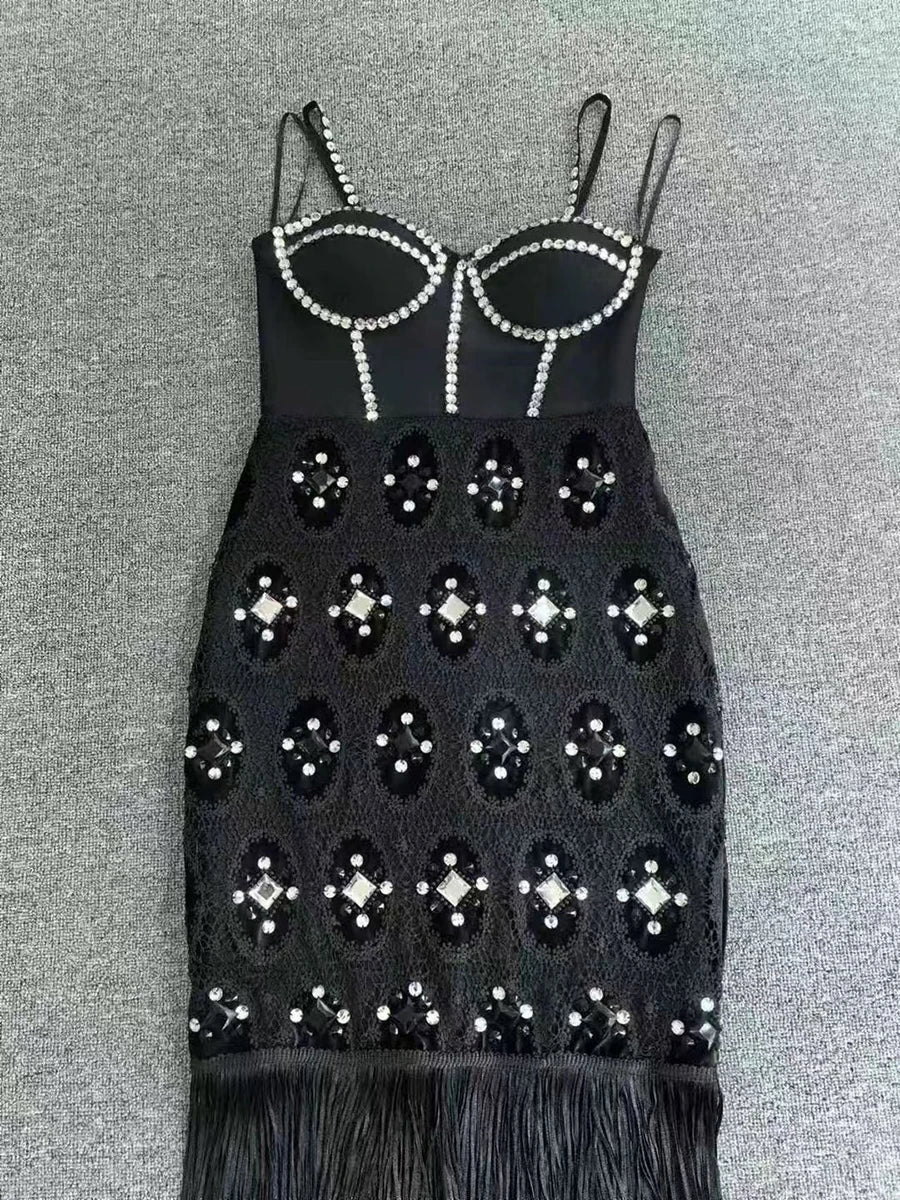 Solid Spliced Diamonds Square Neck Sleeveless High Waist Patchwork Tassel Dress