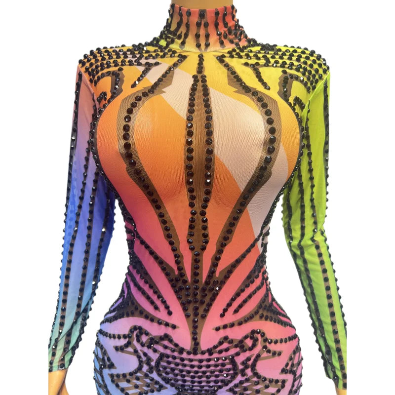 Colorful Printed Rhinestones Mesh Long Dress