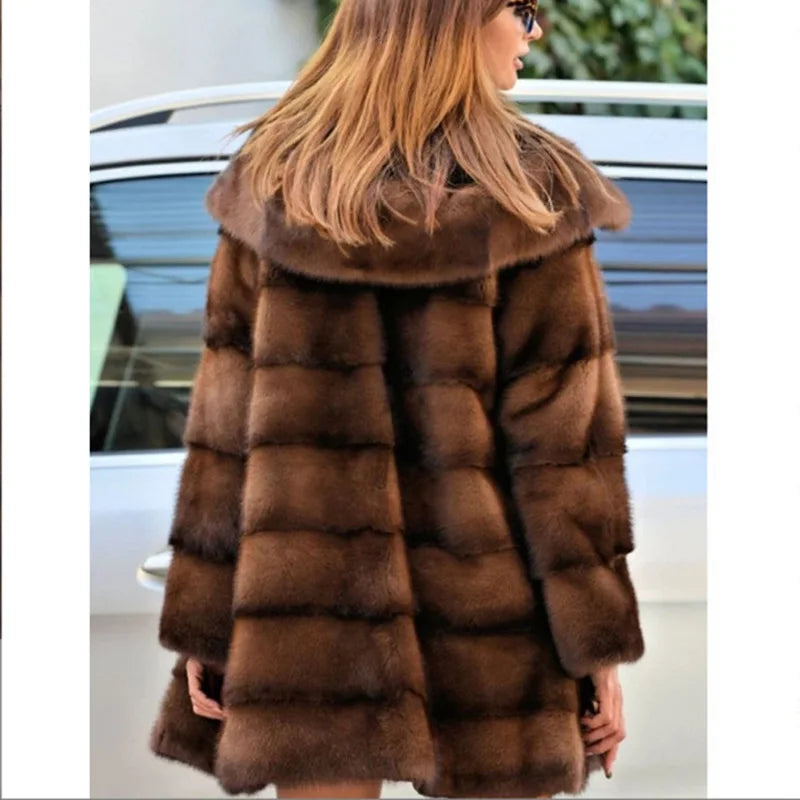 Women’s Faux Fur Mid-Length Hooded Coat – Thick, Warm & Effortlessly Elegant for Autumn/Winter