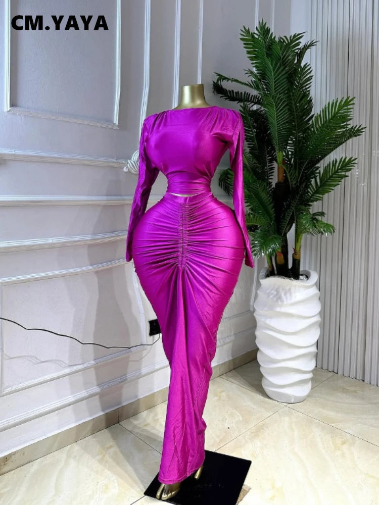 Fashion Ruched Crop Tops and Bodycon Long Skirts Suit