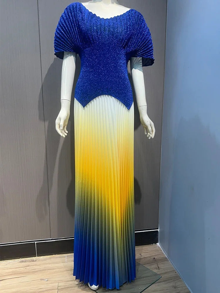 Fashion V Neck Short Batwing Sleeves Irregular Hem T-shirt & New Gradient A-line Folds Long Skirt