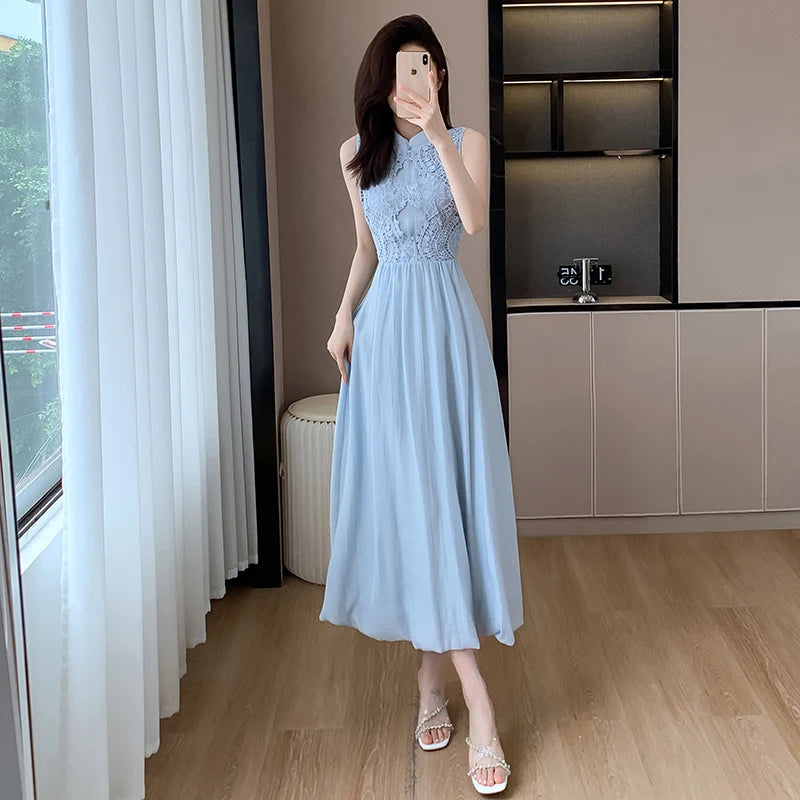 Elegant Chinese Style New Summer Blue Lace Patchwork Midi Dress