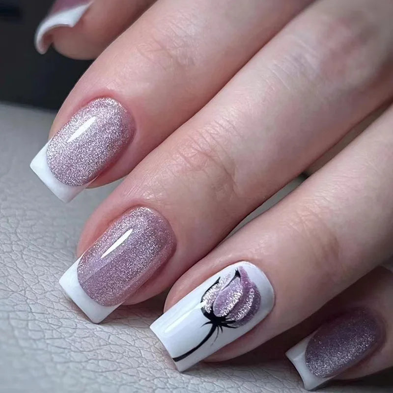 24Pcs Mid-length Square Press-On Nails with Golden Butterfly Design