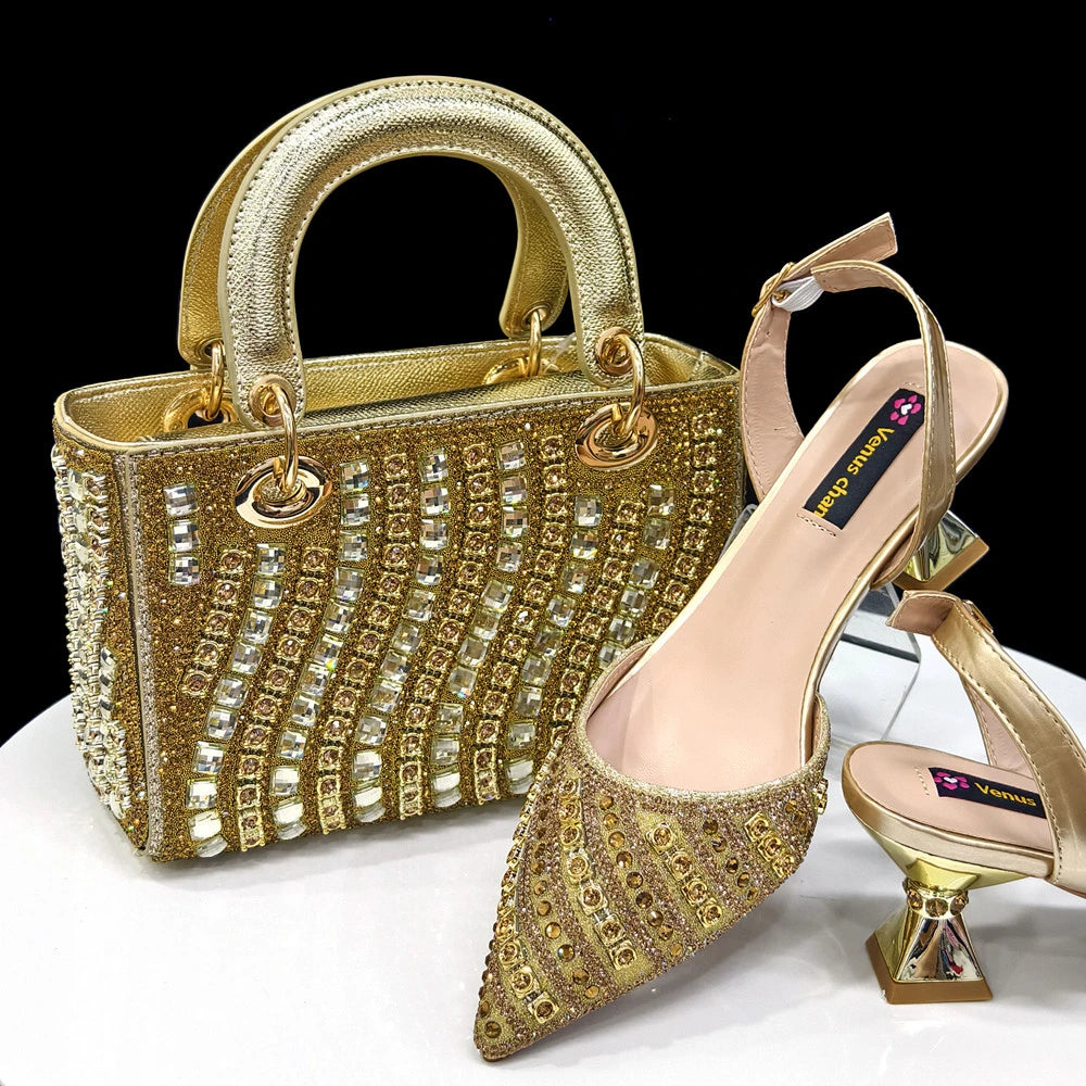 Shiny Italian Fashion Pointed Toe Heels & Rhinestone Bag Set
