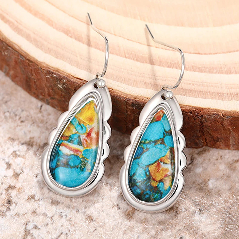 Waterdrop Shaped Boho Dangle Earrings with Stone Pattern Sticker