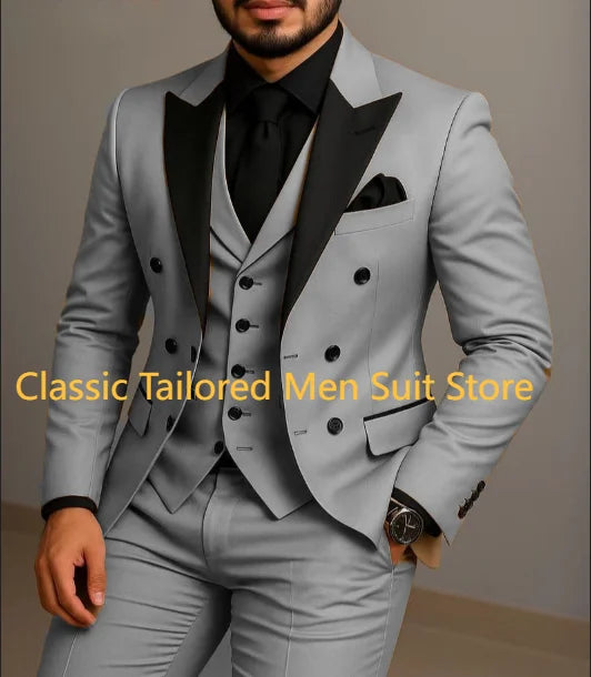 Beige Double Breasted Suit  Black Lapel  Slim Fit Wedding Suit