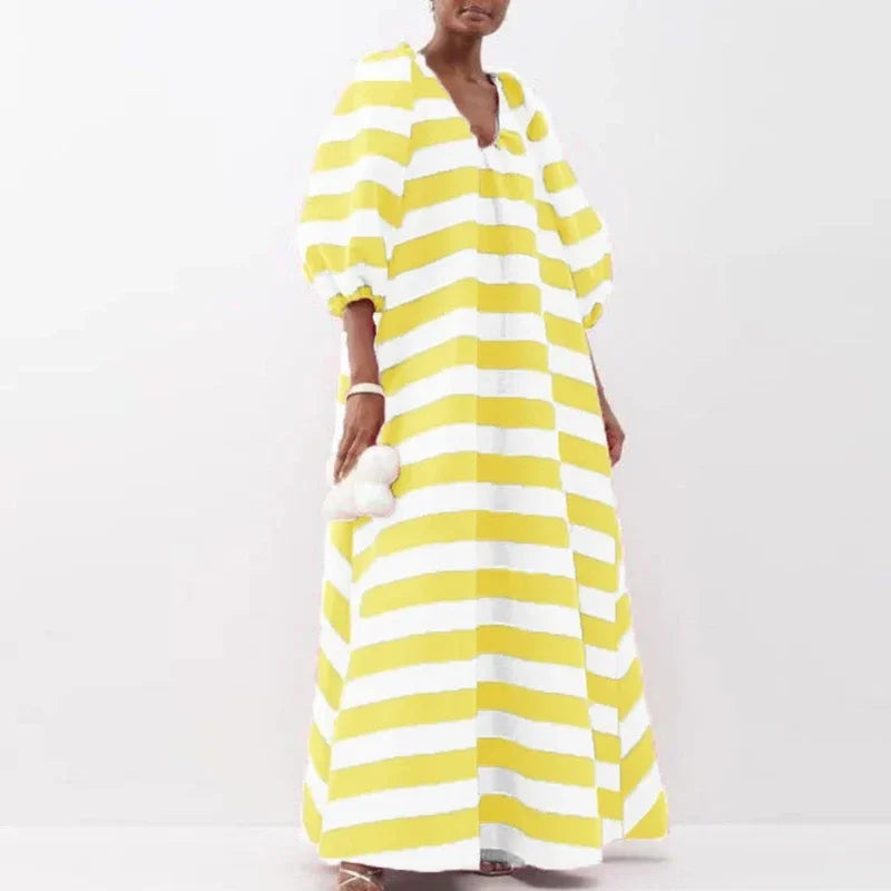 Autumn Loose Pullover Fashion Stripe Contrast Printed Maxi Dresses