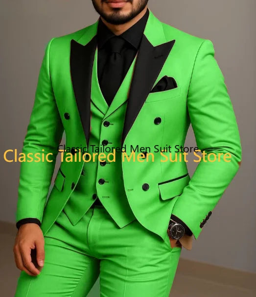 Beige Double Breasted Suit  Black Lapel  Slim Fit Wedding Suit
