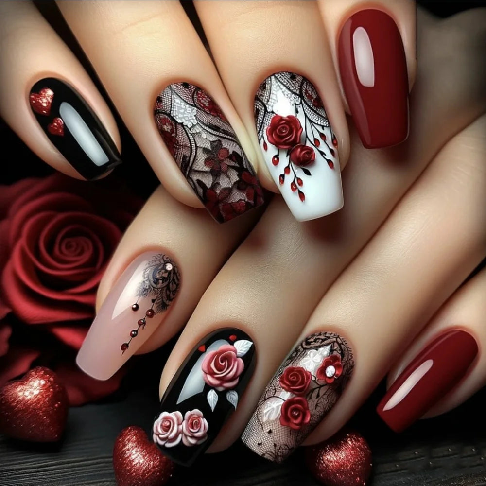 24pcs Mid-length  Flower Design Stick on Fake Nail