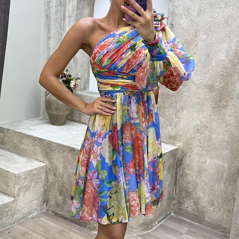High Split Loose Hem One Shoulder Print Beach Party Dress