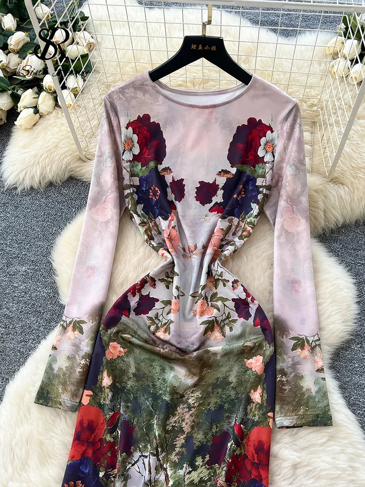 Spring Vacation Floral Long Sleeves Slim Elastic Milkmaid Designer-Inspired Vintage Print Maxi Dress