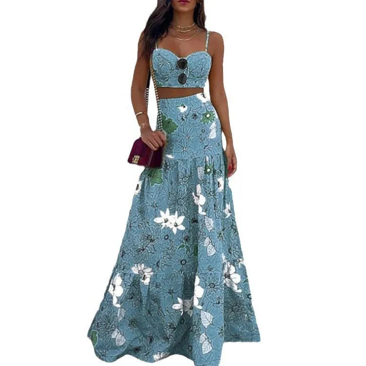 Colorful Print Rich Colors Spaghetti Strap Floor Length Sleeveless Lady Tank Top Skirt Suit