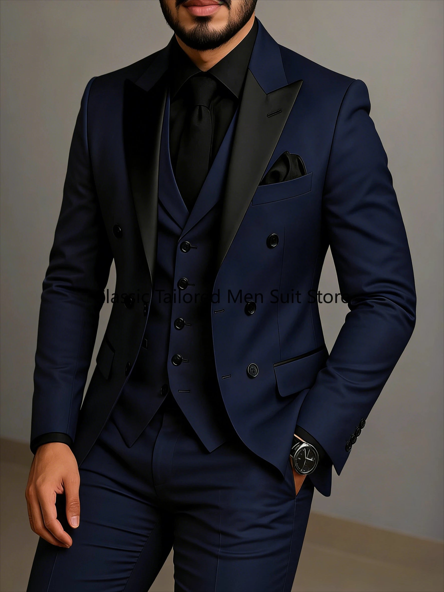 Beige Double Breasted Suit  Black Lapel  Slim Fit Wedding Suit