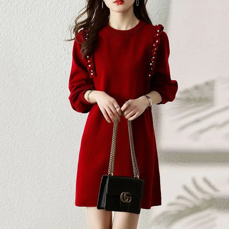 New Autumn and Winter Round Neck Loose Fit Long Sleeves and Knitted Dress
