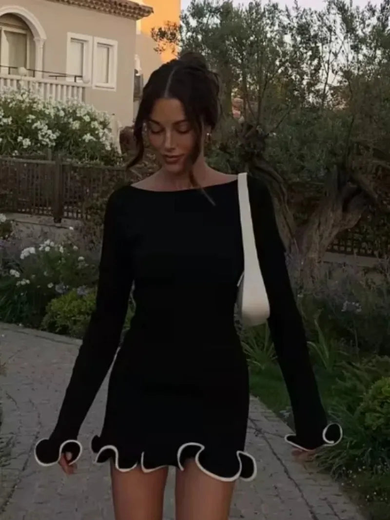 Autumn Long Sleeve Ruffled Knit Black Mini Dress