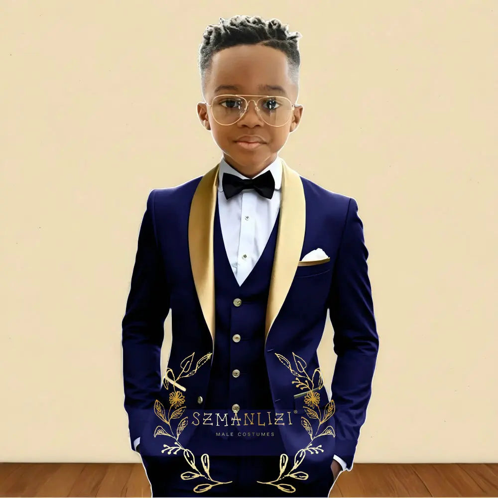 3‑Piece Boys Wedding Suit with Gold Shawl Lapel (2–16 Years)
