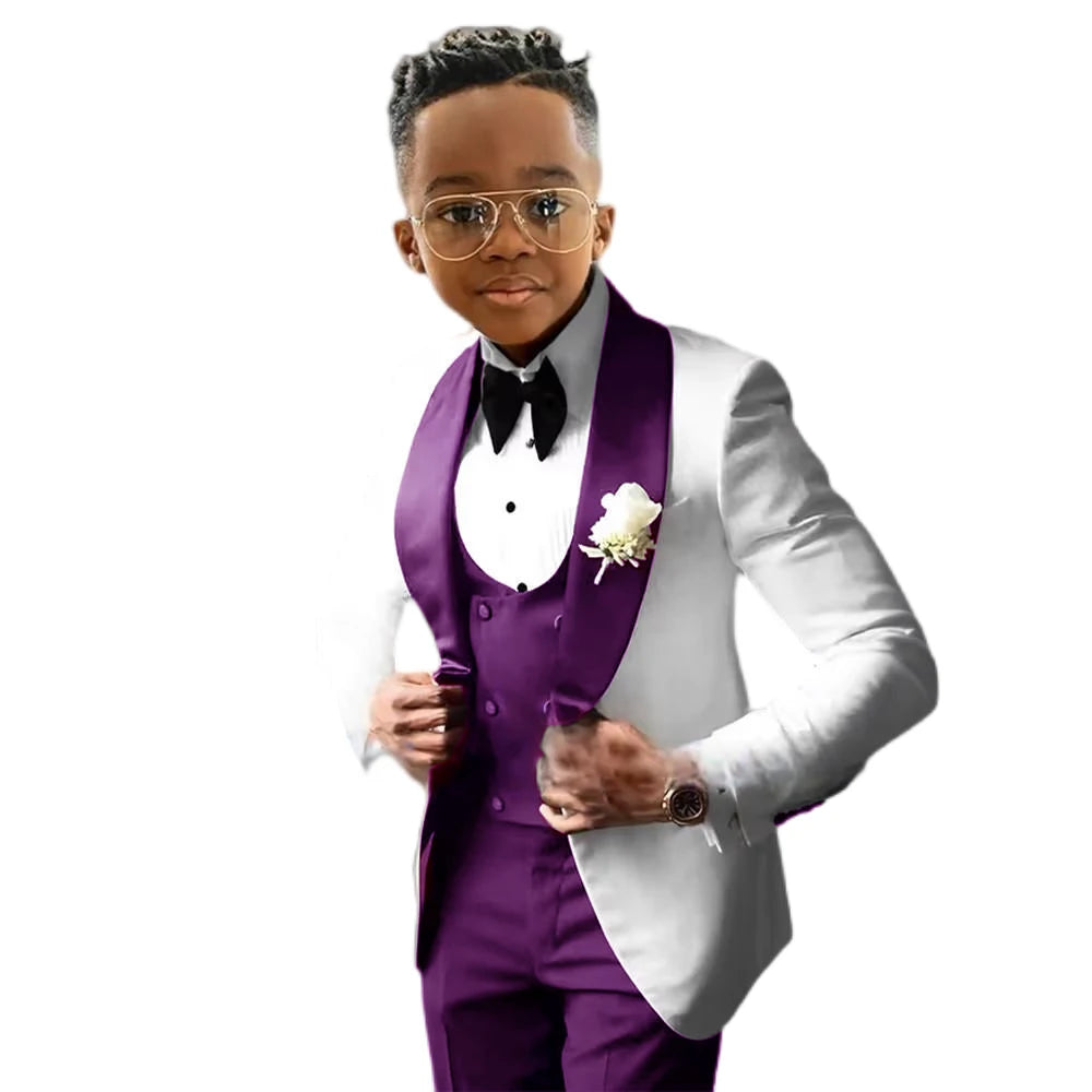 Suit for Boys Wedding Tuxedo – 3 Piece White Jacket, Royal Blue Pants &amp; Vest | Slim Fit Tailored Kids Blazer Set
