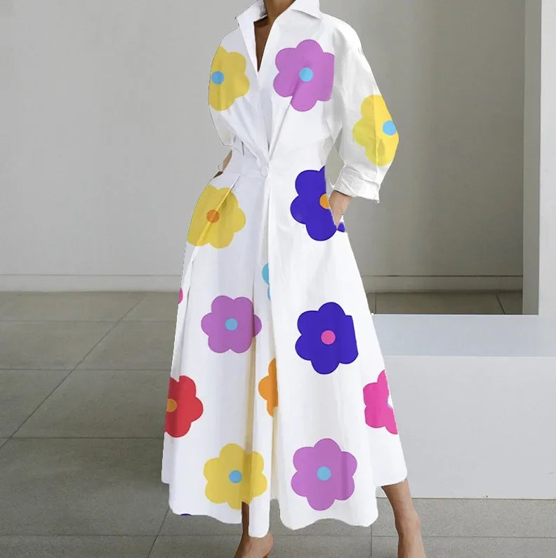 New Spring V Neck Draped Solid High Waist Pocket Pleated Long Dress