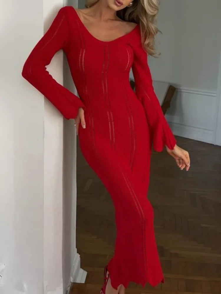 Elegant Knitted Sweater Long Sleeved V-neck Dress