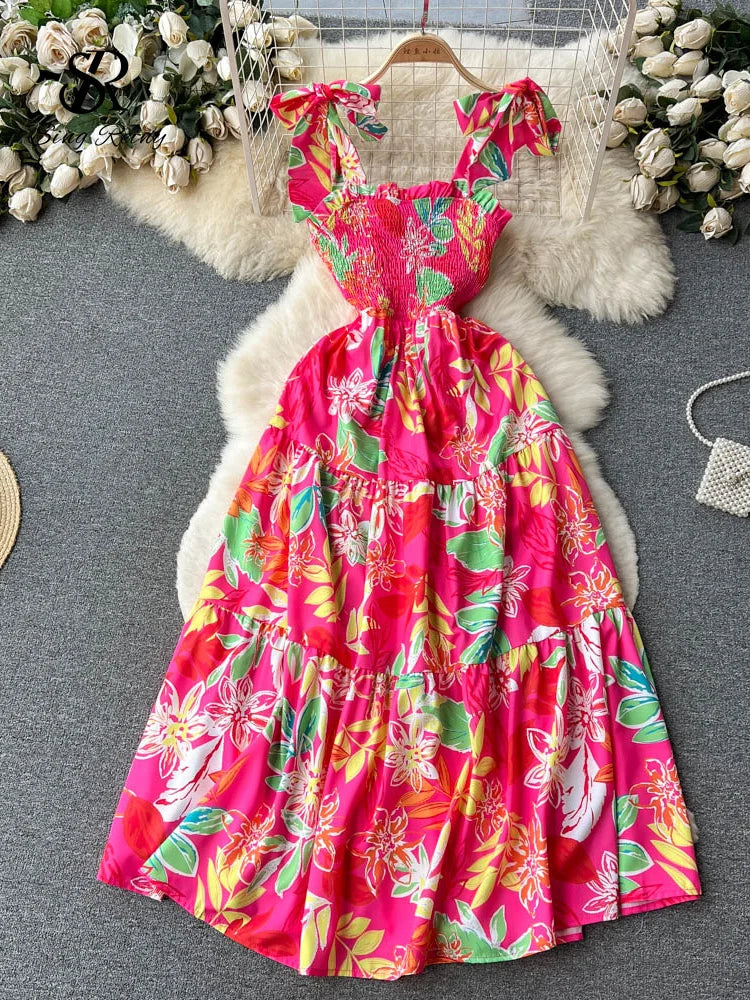 Summer Vacation Spaghetti Strap Long Sleeveless Ruched Elastic Backless Dress