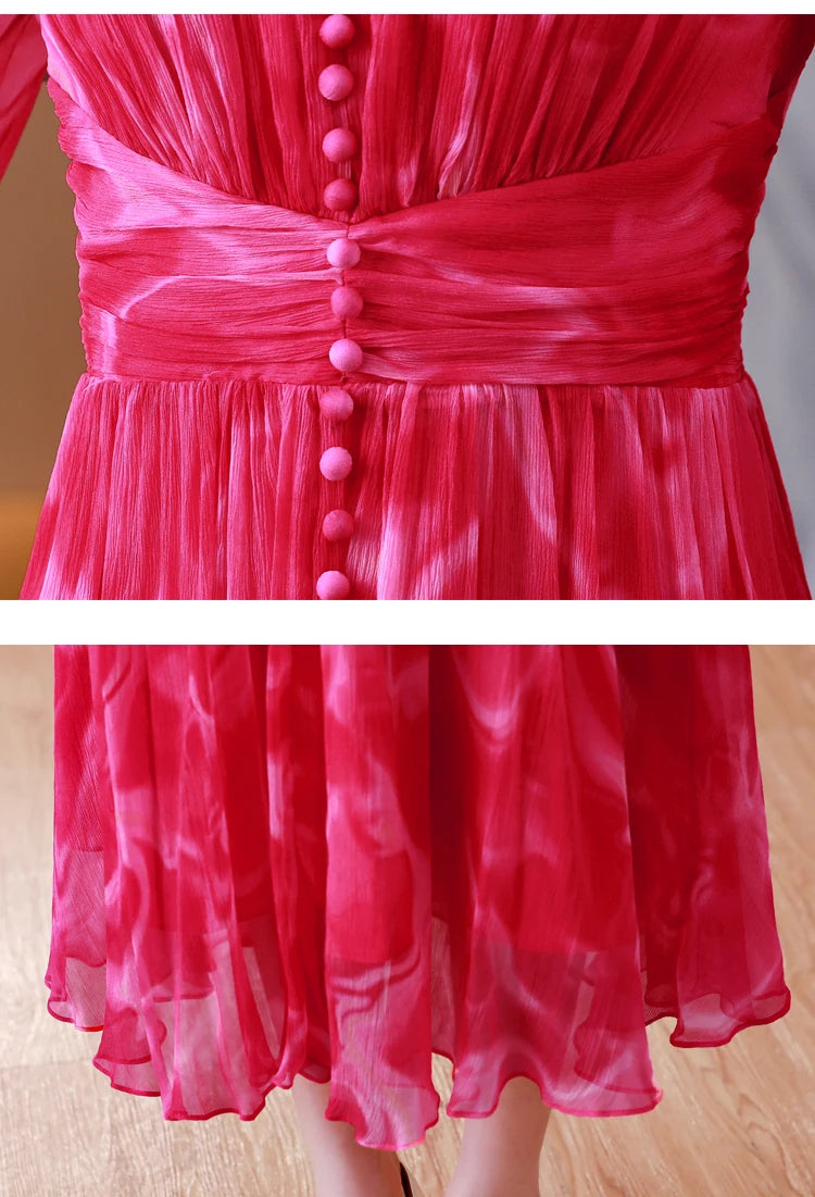 Summer New Long sleeved V-Neck French Silk Lace Splice Printed Waist Slim Over Knee Long Dress