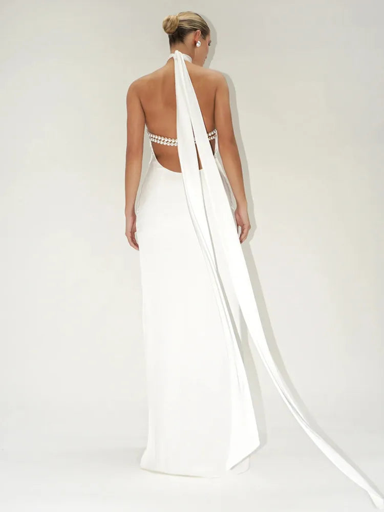 2024 Chic Sexy Backless Halter Pearl Black White Maxi Long Bodycon Dress