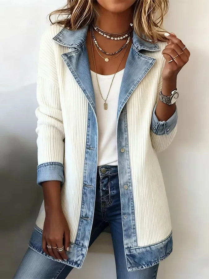 Women’s Slim Patchwork Coat – Autumn & Spring Turn-Down Collar Jacket with Metallic Buttons